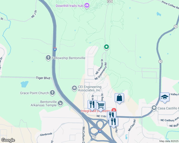map of restaurants, bars, coffee shops, grocery stores, and more near 1802 Northeast Steinbeck Drive in Bentonville
