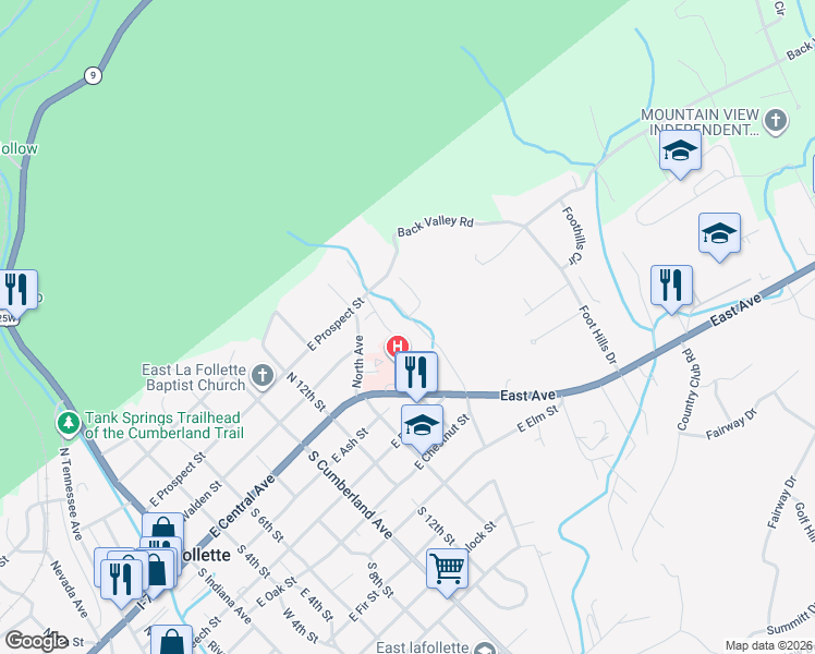 map of restaurants, bars, coffee shops, grocery stores, and more near 139 North Massachusetts Avenue in LaFollette