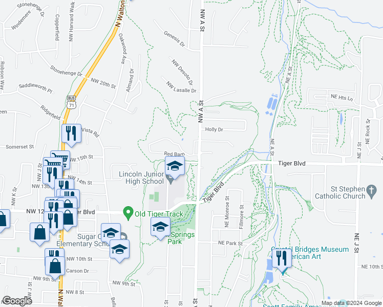 map of restaurants, bars, coffee shops, grocery stores, and more near 1525 Northwest Shores Loop in Bentonville