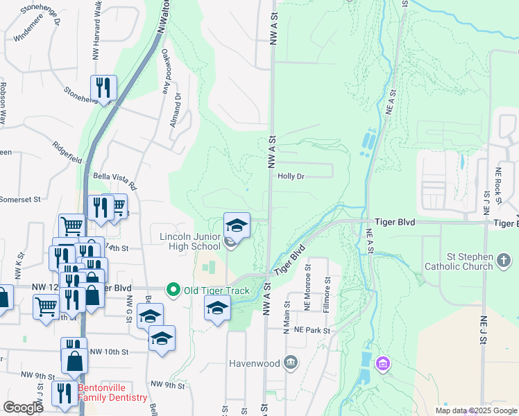 map of restaurants, bars, coffee shops, grocery stores, and more near 1525 Northwest Shores Loop in Bentonville