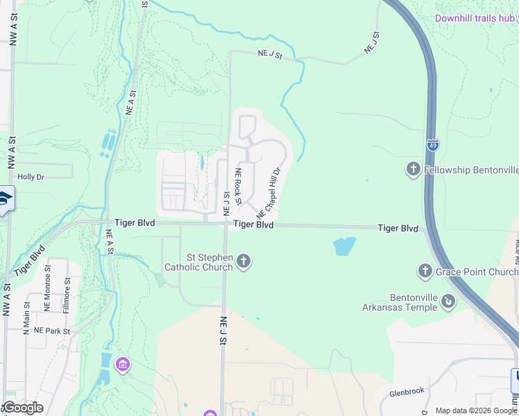 map of restaurants, bars, coffee shops, grocery stores, and more near 1505 NE Chapel Hill Dr in Bentonville