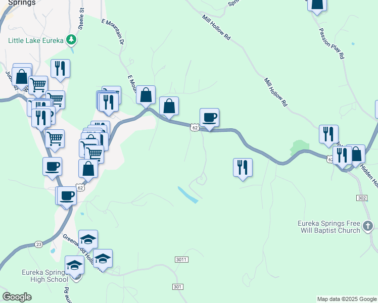 map of restaurants, bars, coffee shops, grocery stores, and more near 123 Shelton Drive in Eureka Springs