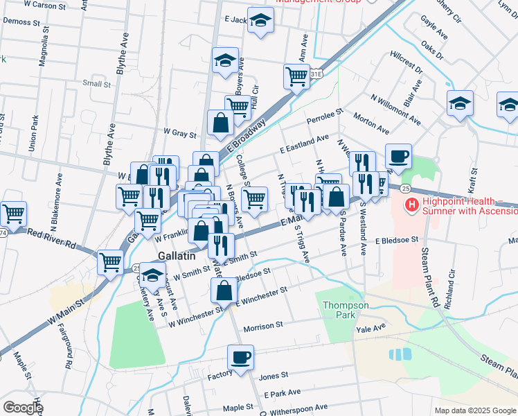map of restaurants, bars, coffee shops, grocery stores, and more near 135 College Street in Gallatin