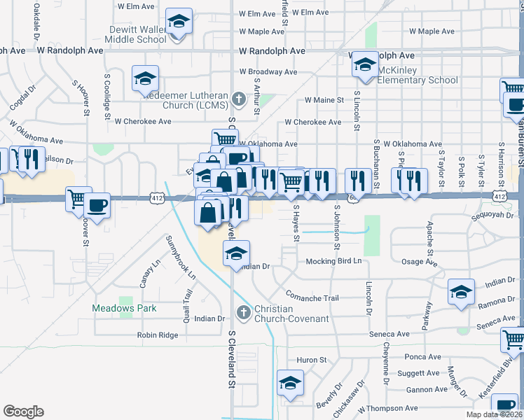 map of restaurants, bars, coffee shops, grocery stores, and more near 614 A Street in Enid