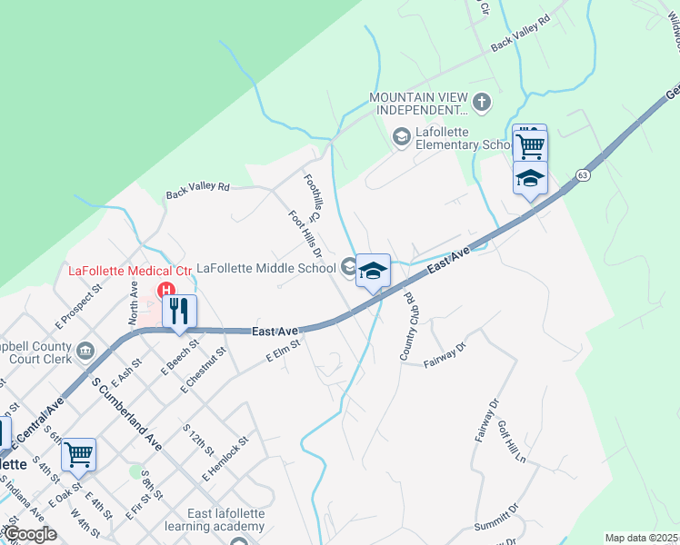 map of restaurants, bars, coffee shops, grocery stores, and more near 1309 East Central Avenue in LaFollette