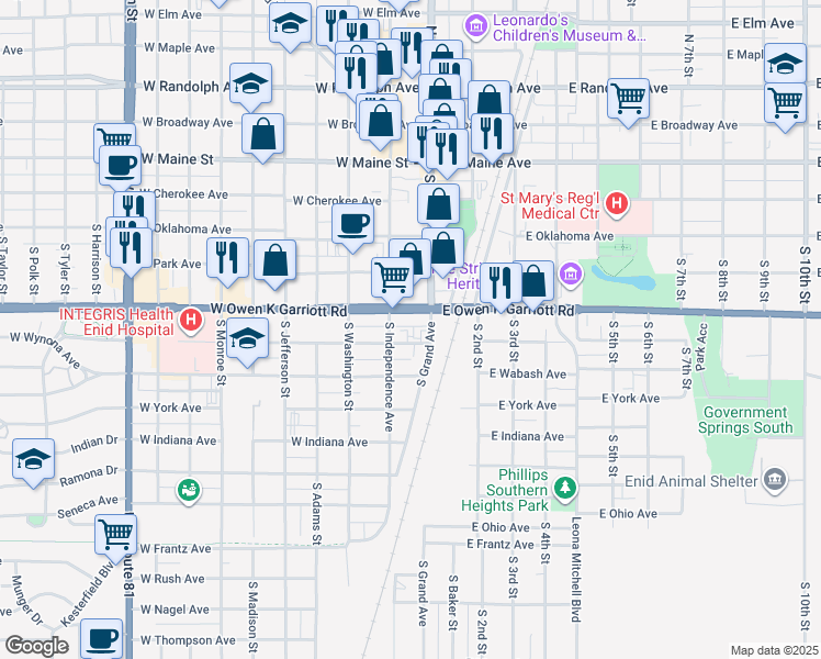 map of restaurants, bars, coffee shops, grocery stores, and more near 112 West State Avenue in Enid