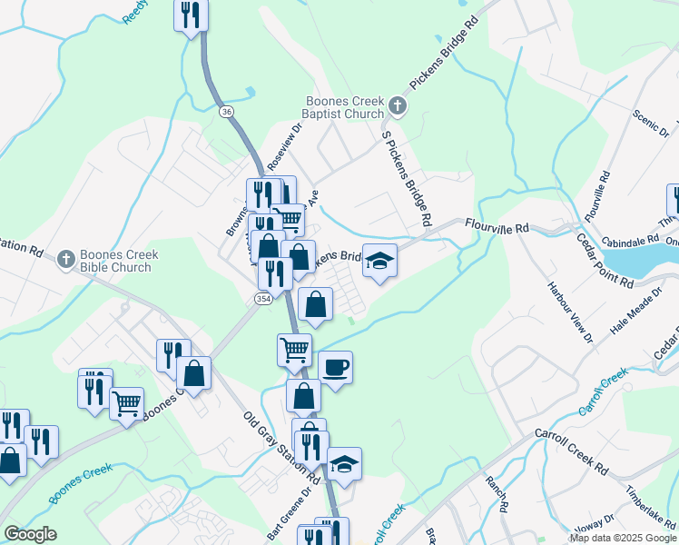 map of restaurants, bars, coffee shops, grocery stores, and more near 170 Bentley Parc in Johnson City