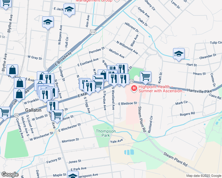 map of restaurants, bars, coffee shops, grocery stores, and more near 435 East Main Street in Gallatin