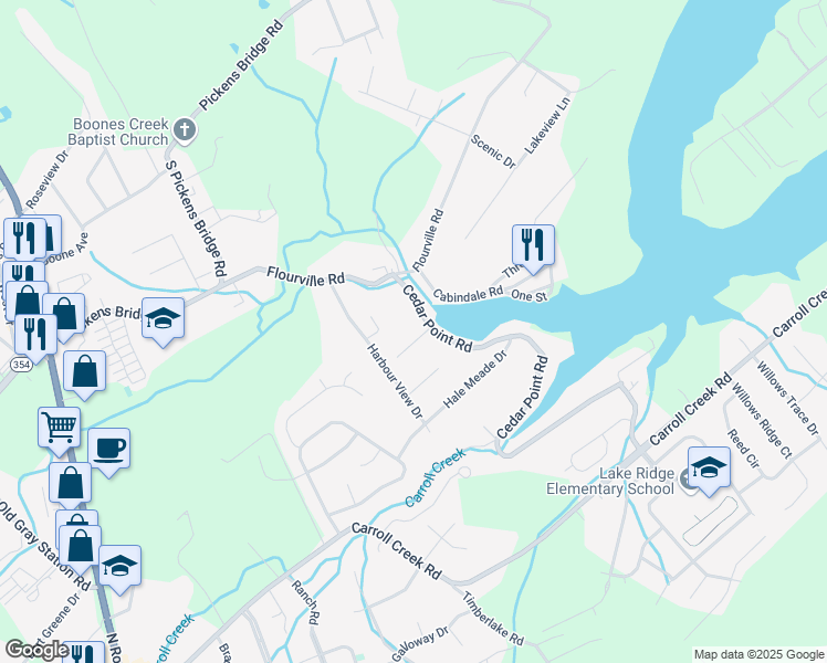 map of restaurants, bars, coffee shops, grocery stores, and more near 2 Gatewood Drive in Johnson City