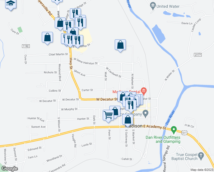 map of restaurants, bars, coffee shops, grocery stores, and more near 304 Wall Street in Mayodan