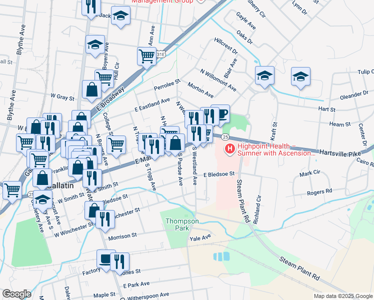 map of restaurants, bars, coffee shops, grocery stores, and more near 435 East Main Street in Gallatin