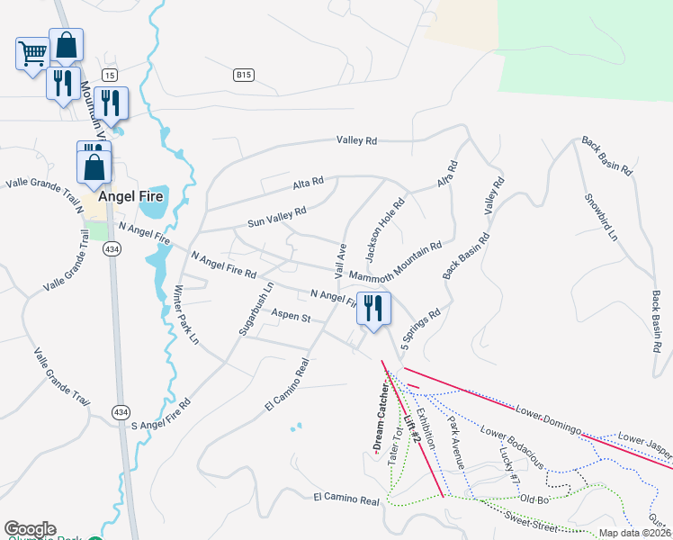 map of restaurants, bars, coffee shops, grocery stores, and more near 31 Vail Avenue in Angel Fire