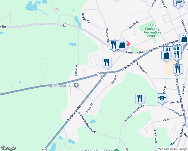 map of restaurants, bars, coffee shops, grocery stores, and more near 972 U.S. Highway 158 East in Roxboro