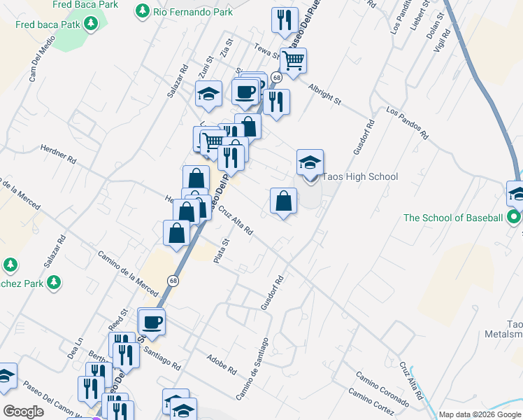 map of restaurants, bars, coffee shops, grocery stores, and more near Cavalry Drive in Taos