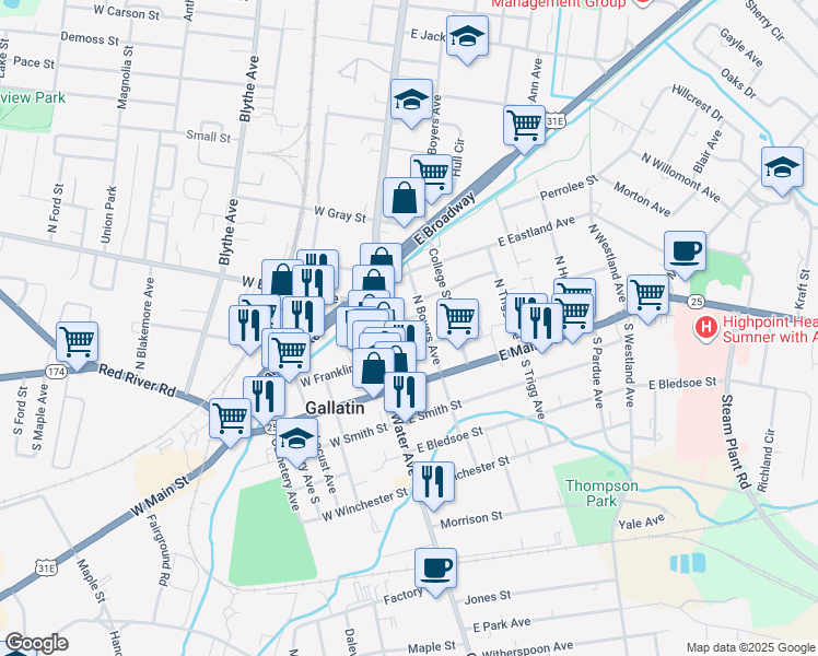 map of restaurants, bars, coffee shops, grocery stores, and more near 138 East Franklin Street in Gallatin