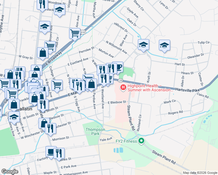 map of restaurants, bars, coffee shops, grocery stores, and more near 471 East Main Street in Gallatin