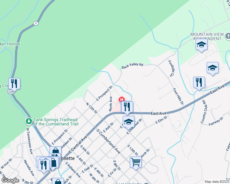 map of restaurants, bars, coffee shops, grocery stores, and more near 210 Torrey Road in LaFollette