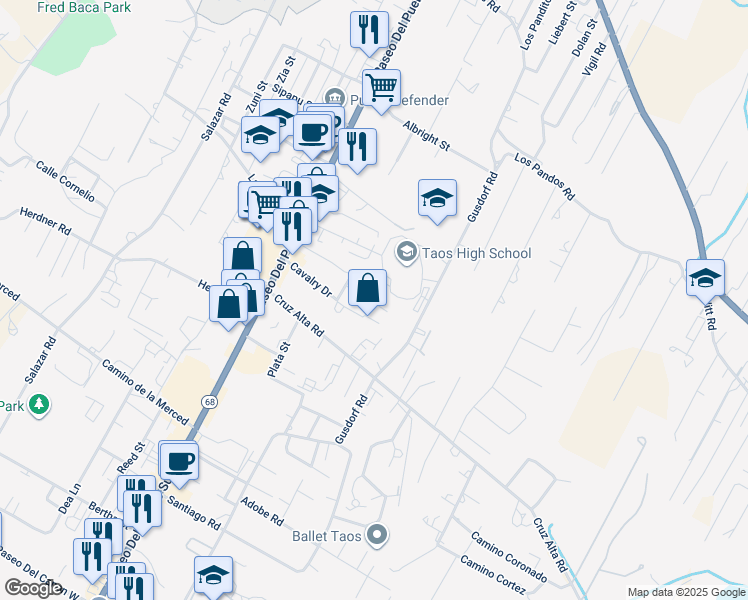 map of restaurants, bars, coffee shops, grocery stores, and more near 718 Cavalry Ln in Taos