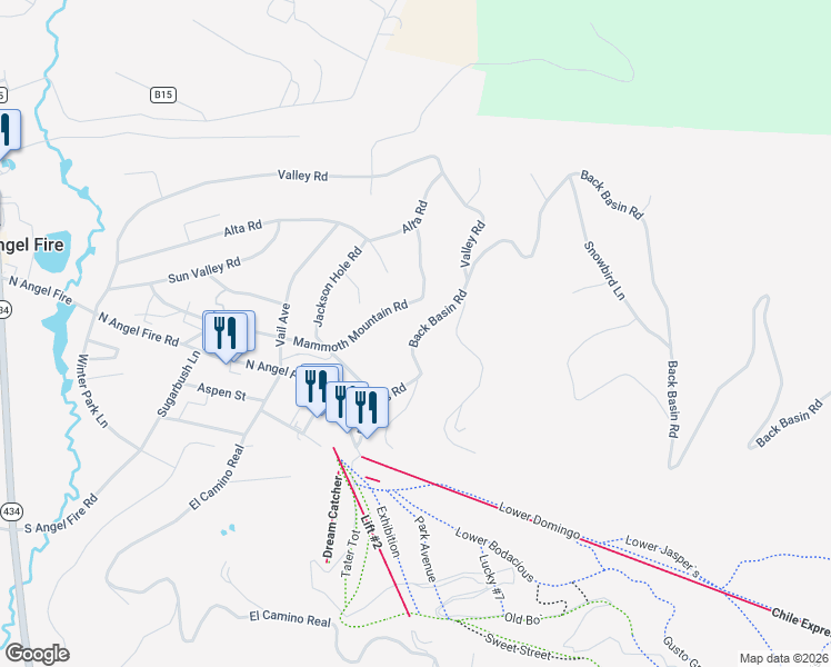 map of restaurants, bars, coffee shops, grocery stores, and more near 25 Back Basin Road in Angel Fire