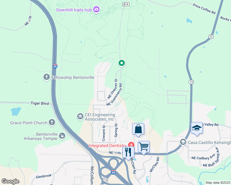 map of restaurants, bars, coffee shops, grocery stores, and more near 1808 Northeast Chaucer Street in Bentonville