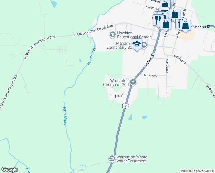 map of restaurants, bars, coffee shops, grocery stores, and more near 150 Dowtin Street in Warrenton
