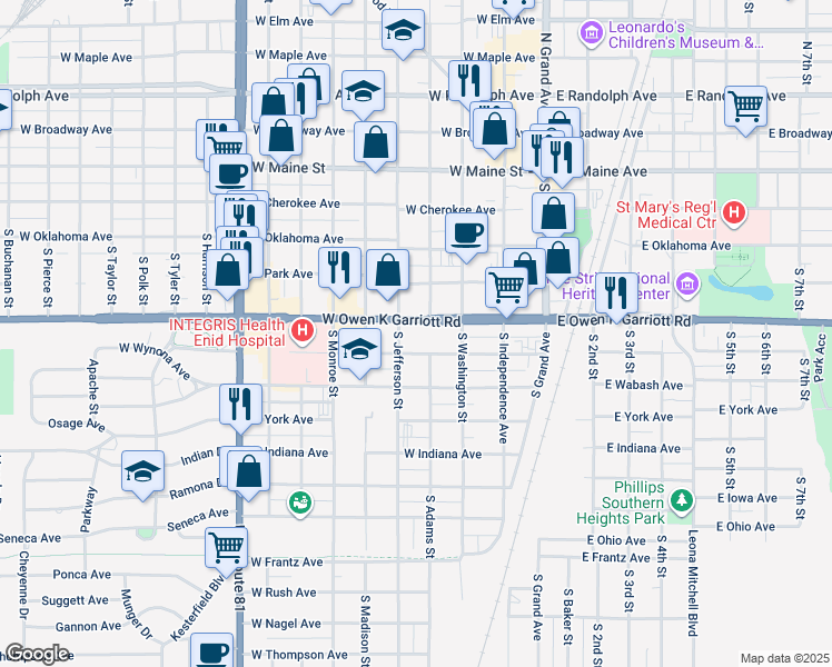 map of restaurants, bars, coffee shops, grocery stores, and more near 401 West Owen K Garriott Road in Enid