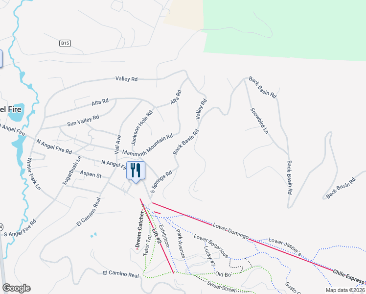 map of restaurants, bars, coffee shops, grocery stores, and more near 220 Back Basin Road in Angel Fire