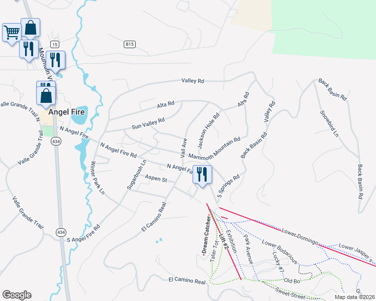 map of restaurants, bars, coffee shops, grocery stores, and more near 31 Vail Avenue in Angel Fire
