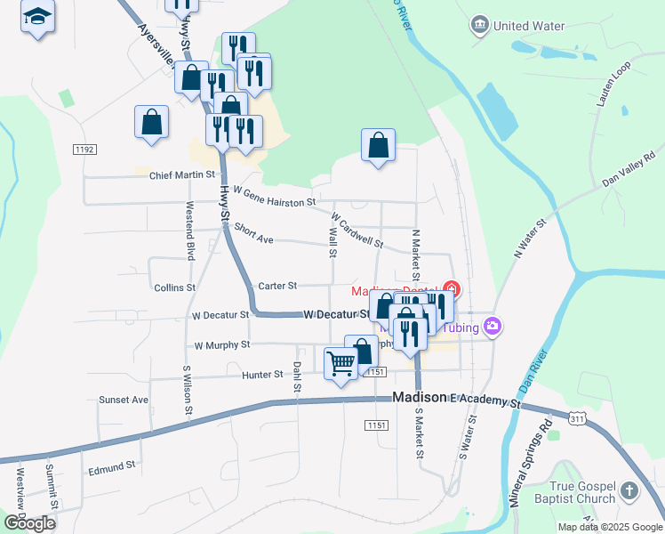 map of restaurants, bars, coffee shops, grocery stores, and more near 304 Wall Street in Mayodan