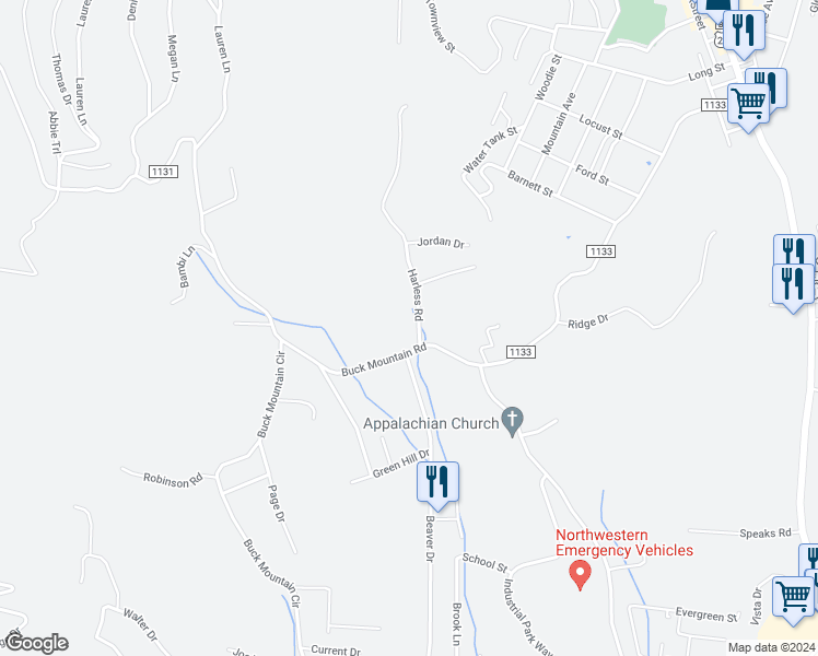 map of restaurants, bars, coffee shops, grocery stores, and more near 294 Buck Mountain Road in West Jefferson