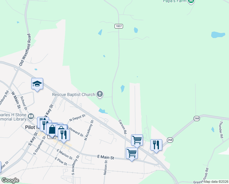 map of restaurants, bars, coffee shops, grocery stores, and more near 342 Carson Road in Pilot Mountain