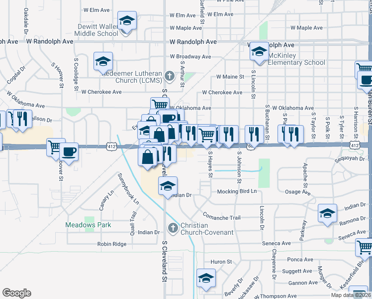 map of restaurants, bars, coffee shops, grocery stores, and more near 614 A Street in Enid