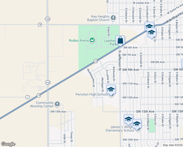 map of restaurants, bars, coffee shops, grocery stores, and more near Northwestern Street in Perryton