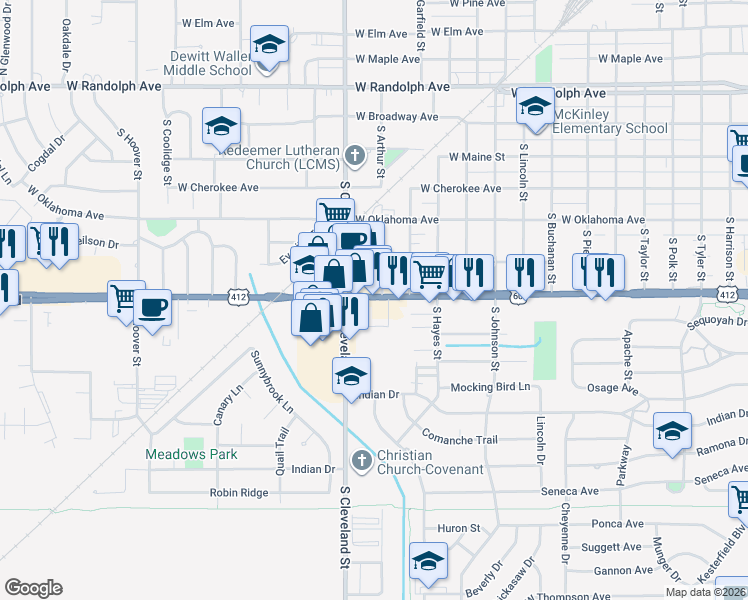 map of restaurants, bars, coffee shops, grocery stores, and more near 705 South Oakwood Road in Enid