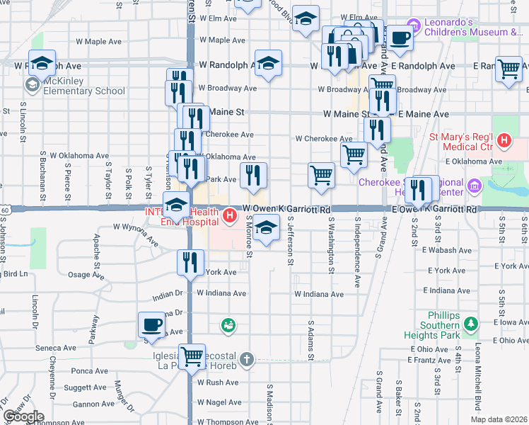 map of restaurants, bars, coffee shops, grocery stores, and more near 700 South Madison Street in Enid