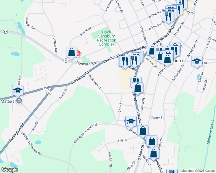map of restaurants, bars, coffee shops, grocery stores, and more near 300 Winhaven Street in Roxboro