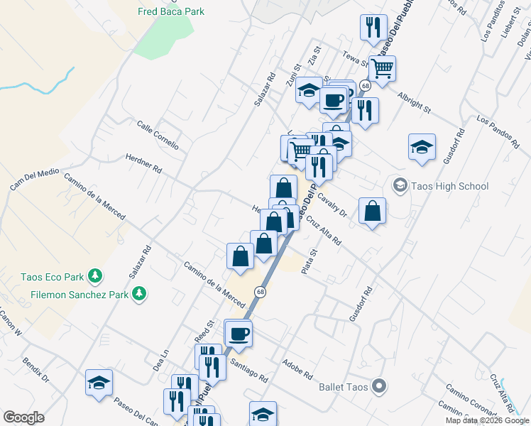 map of restaurants, bars, coffee shops, grocery stores, and more near 212-298 Herdner Road in Taos