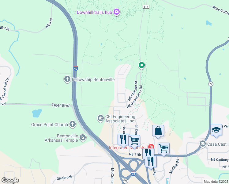map of restaurants, bars, coffee shops, grocery stores, and more near 1802 Northeast Steinbeck Drive in Bentonville