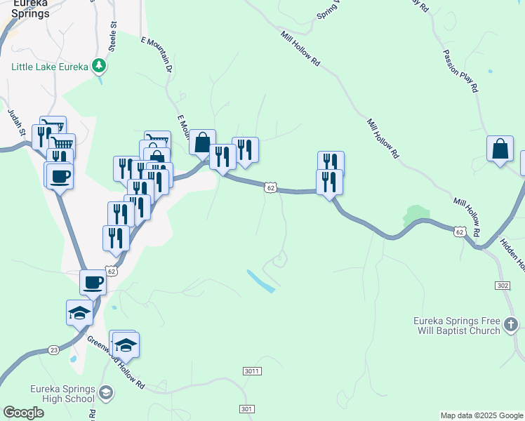 map of restaurants, bars, coffee shops, grocery stores, and more near 123 Shelton Drive in Eureka Springs