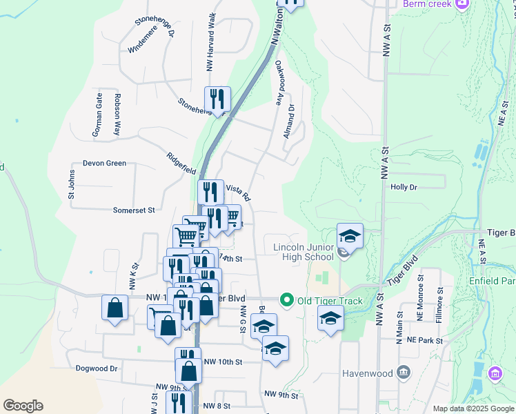 map of restaurants, bars, coffee shops, grocery stores, and more near 702 Northwest 15th Street in Bentonville