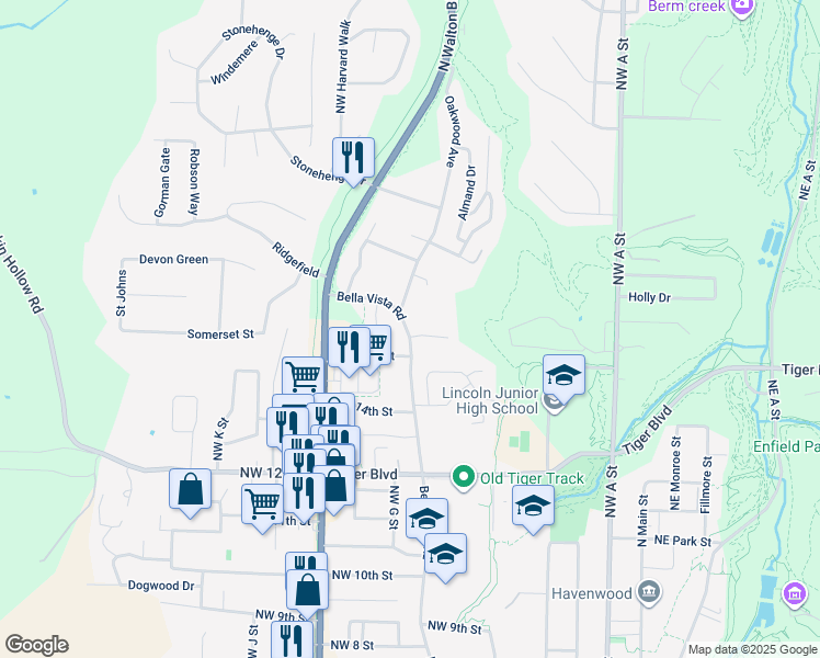map of restaurants, bars, coffee shops, grocery stores, and more near 702 Northwest 15th Street in Bentonville