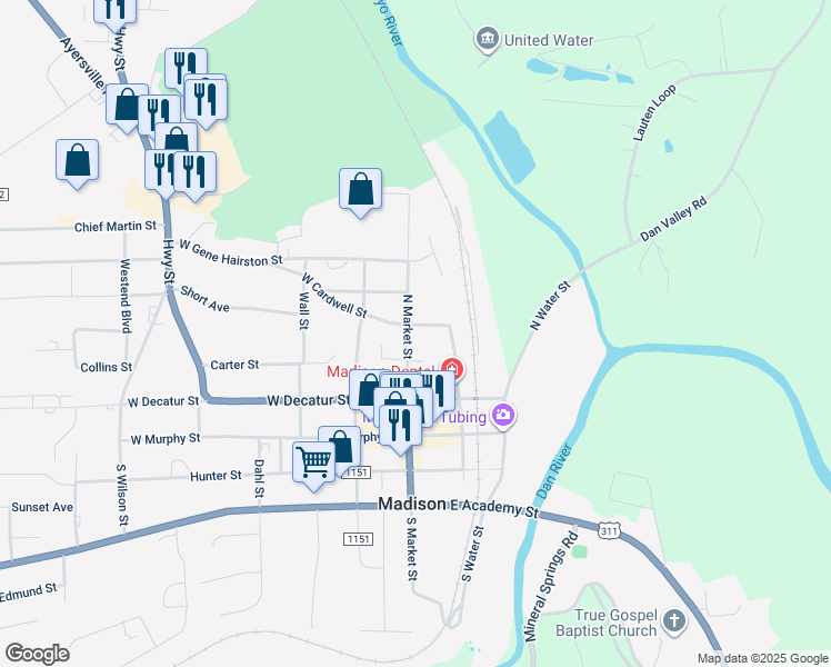 map of restaurants, bars, coffee shops, grocery stores, and more near 222 North Market Street in Madison