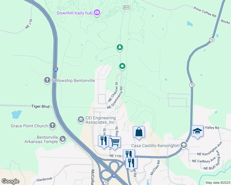 map of restaurants, bars, coffee shops, grocery stores, and more near Northeast Chaucer Street in Bentonville