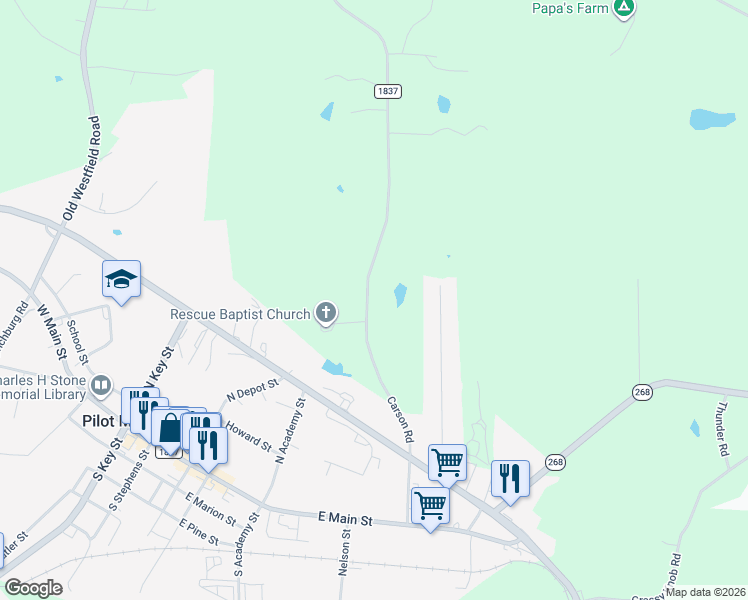map of restaurants, bars, coffee shops, grocery stores, and more near 342 Carson Road in Pilot Mountain