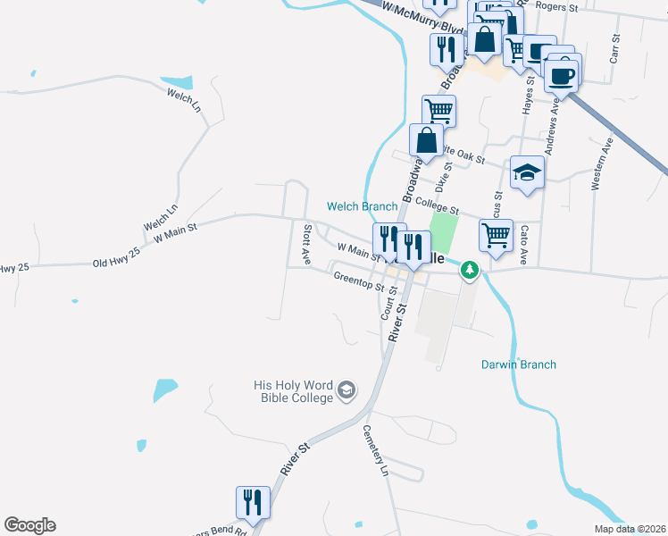 map of restaurants, bars, coffee shops, grocery stores, and more near 138 Greentop Street in Hartsville