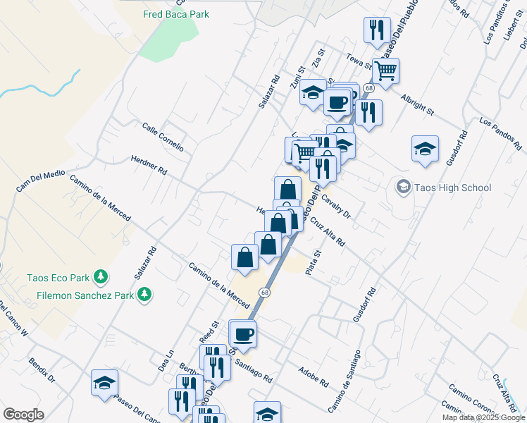map of restaurants, bars, coffee shops, grocery stores, and more near 201-299 Herdner Road in Taos