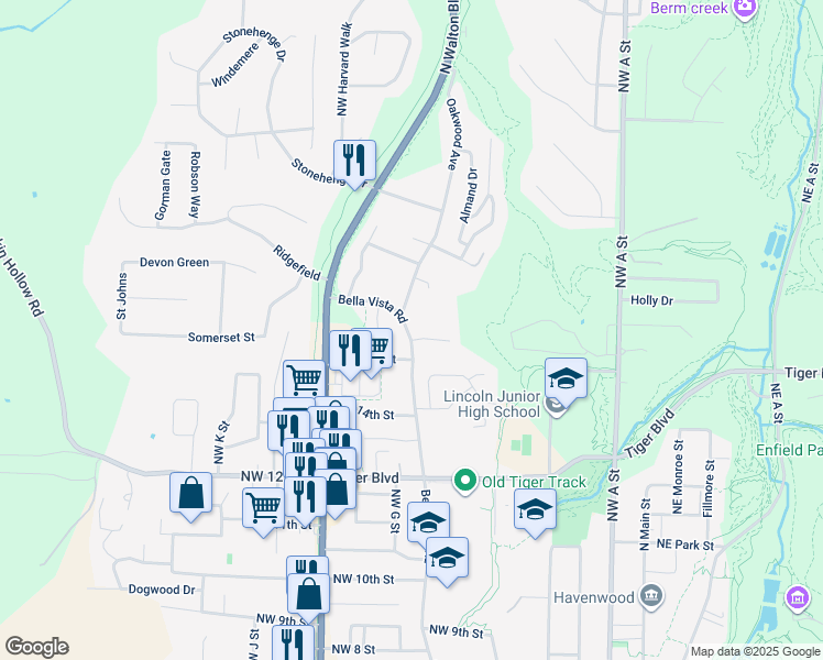 map of restaurants, bars, coffee shops, grocery stores, and more near 1602 Oakwood Avenue in Bentonville