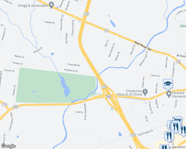 map of restaurants, bars, coffee shops, grocery stores, and more near 1053 Pinehurst Drive in Gallatin