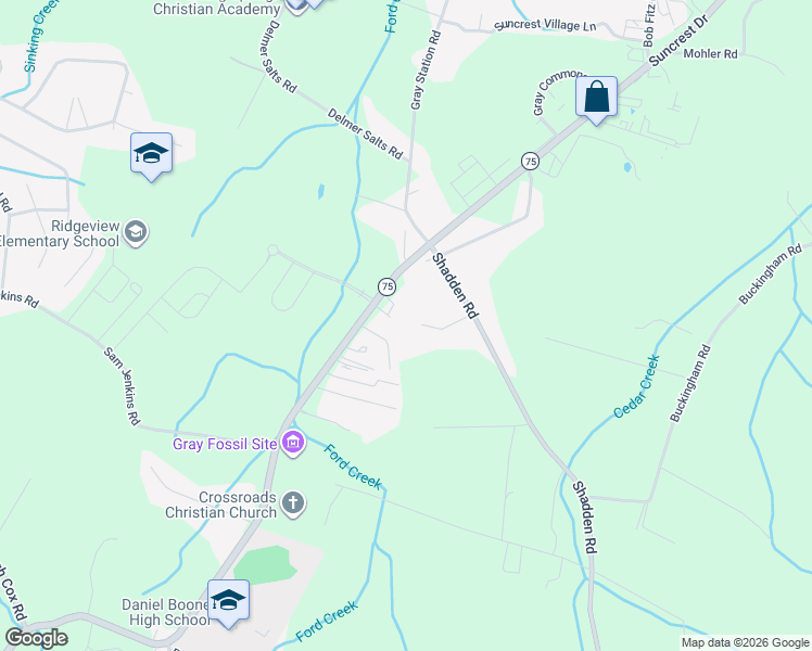 map of restaurants, bars, coffee shops, grocery stores, and more near 1120 Suncrest Drive in Gray