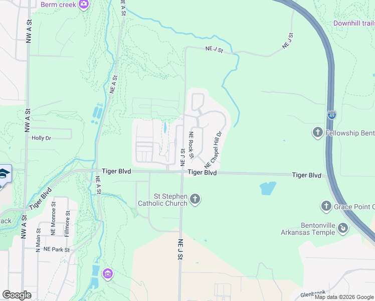map of restaurants, bars, coffee shops, grocery stores, and more near 1607 Northeast Rock Street in Bentonville